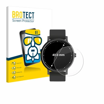 Front side of a product packaging with the brand logo BROTECT. Next to it is the device Circular Displays (ø: 40 mm) shown wit