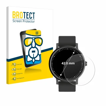 Front side of a product packaging with the brand logo BROTECT. Next to it is the device Circular Displays (ø: 42 mm) shown wit