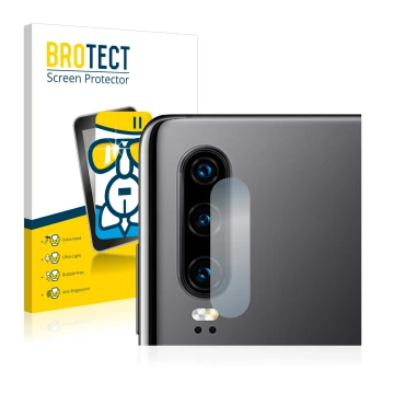 Front side of a product packaging with the brand logo BROTECT. Next to it is the device Huawei P30 (ONLY Camera Lens) shown wi