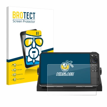 Front side of a product packaging with the brand logo BROTECT. Next to it is the device Lowrance HDS 9 Live Echolot shown with