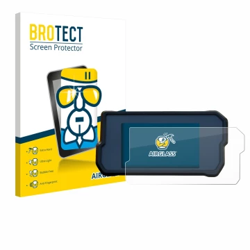 Front side of a product packaging with the brand logo BROTECT. Next to it is the device KTM 390 Duke 2017 shown with the corre