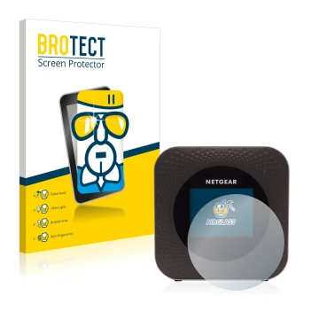 Front side of a product packaging with the brand logo BROTECT. Next to it is the device Netgear Nighthawk M1 shown with the co