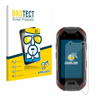 Front side of a product packaging with the brand logo BROTECT. Next to it is the device Unihertz Atom shown with the correspon