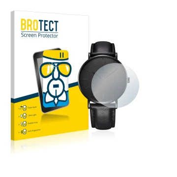 Front side of a product packaging with the brand logo BROTECT. Next to it is the device Alienwork IK Watch (36 mm) shown with 