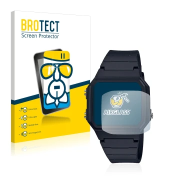 Front side of a product packaging with the brand logo BROTECT. Next to it is the device Casio Unisex A168WA-1YES shown with th