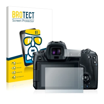 Front side of a product packaging with the brand logo BROTECT. Next to it is the device Canon EOS R shown with the correspondi