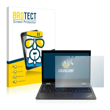 Front side of a product packaging with the brand logo BROTECT. Next to it is the device Lenovo ThinkPad L390 Yoga shown with t