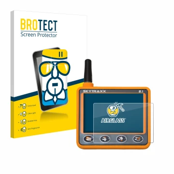 Front side of a product packaging with the brand logo BROTECT. Next to it is the device Skytraxx 2.1 Vario shown with the corr
