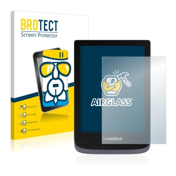 Front side of a product packaging with the brand logo BROTECT. Next to it is the device PocketBook Touch HD 3 shown with the c