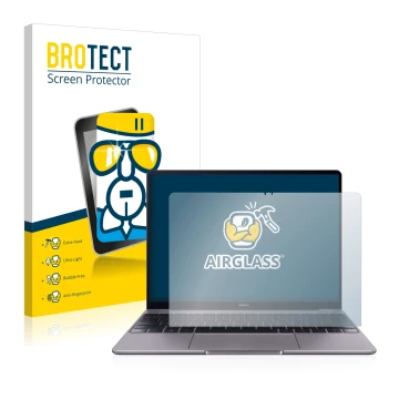 Front side of a product packaging with the brand logo BROTECT. Next to it is the device Huawei MateBook 13 2019 shown with the