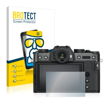 Front side of a product packaging with the brand logo BROTECT. Next to it is the device Fujifilm X-T30 shown with the correspo
