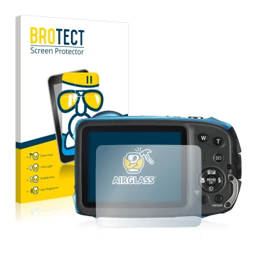 Front side of a product packaging with the brand logo BROTECT. Next to it is the device Fujifilm FinePix XP140 shown with the 