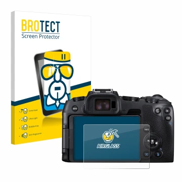 Front side of a product packaging with the brand logo BROTECT. Next to it is the device Canon EOS RP shown with the correspond