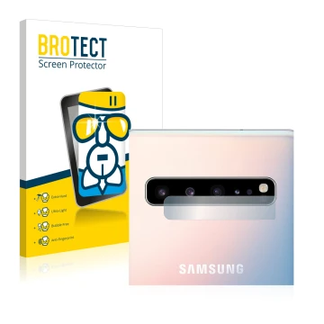 Front side of a product packaging with the brand logo BROTECT. Next to it is the device Samsung Galaxy S10 5G (ONLY Camera Len