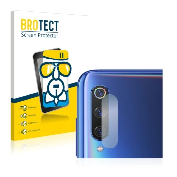 Front side of a product packaging with the brand logo BROTECT. Next to it is the device Xiaomi Mi 9 (ONLY Camera Lens) shown w