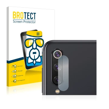 Front side of a product packaging with the brand logo BROTECT. Next to it is the device Xiaomi Mi 9 SE (ONLY Camera Lens) show