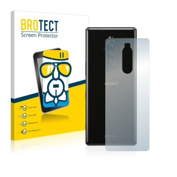Front side of a product packaging with the brand logo BROTECT. Next to it is the device Sony Xperia 1 (Back) shown with the co