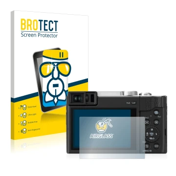 Front side of a product packaging with the brand logo BROTECT. Next to it is the device Panasonic Lumix DC-TZ96 shown with the