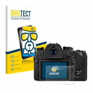 Front side of a product packaging with the brand logo BROTECT. Next to it is the device Panasonic Lumix DC-FZ1000 II shown wit