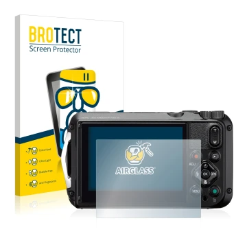 Front side of a product packaging with the brand logo BROTECT. Next to it is the device Ricoh WG-6 shown with the correspondin