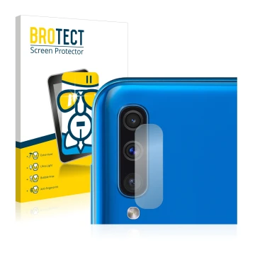 Front side of a product packaging with the brand logo BROTECT. Next to it is the device Samsung Galaxy A50 (ONLY Camera Lens) 