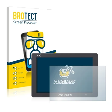 Front side of a product packaging with the brand logo BROTECT. Next to it is the device Feelworld T7 7