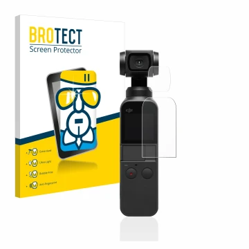 Front side of a product packaging with the brand logo BROTECT. Next to it is the device DJI Osmo Pocket (Display + Lens) shown