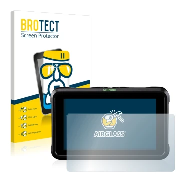 Front side of a product packaging with the brand logo BROTECT. Next to it is the device Atomos Shinobi shown with the correspo