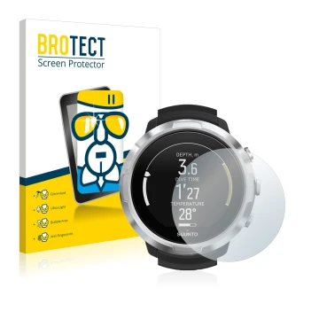 Front side of a product packaging with the brand logo BROTECT. Next to it is the device Suunto D6 Support shown with the corre