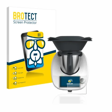 Front side of a product packaging with the brand logo BROTECT. Next to it is the device Vorwerk Thermomix TM6 shown with the c