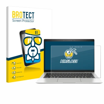 Front side of a product packaging with the brand logo BROTECT. Next to it is the device HP EliteBook x360 1030 G3 shown with t