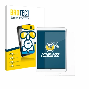 Front side of a product packaging with the brand logo BROTECT. Next to it is the device Apple iPad Air 2019 (3th Gen.) shown w