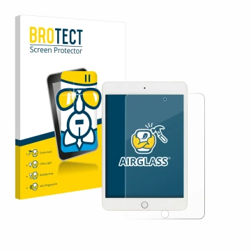 Front side of a product packaging with the brand logo BROTECT. Next to it is the device Apple iPad Mini 5 2019 (5th. Gen.) sho