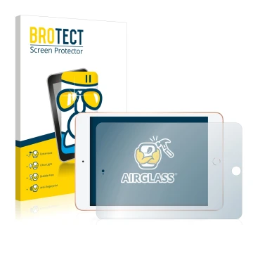 Front side of a product packaging with the brand logo BROTECT. Next to it is the device Apple iPad Mini 5 2019 (Landscape, 5th