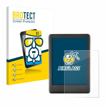 Front side of a product packaging with the brand logo BROTECT. Next to it is the device Amazon Kindle 2019 (10th Gen.) shown w