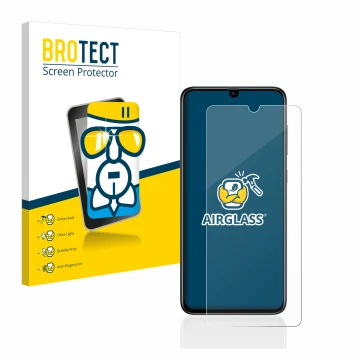Front side of a product packaging with the brand logo BROTECT. Next to it is the device Samsung Galaxy A70 shown with the corr