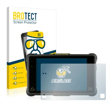 Front side of a product packaging with the brand logo BROTECT. Next to it is the device Atomos Shogun Inferno shown with the c