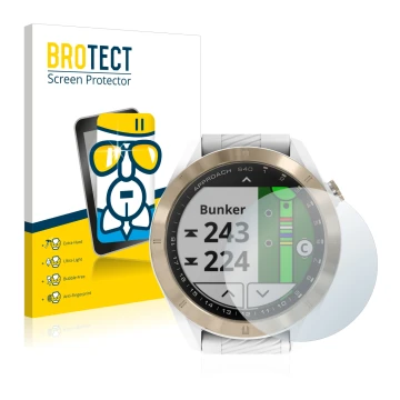 Front side of a product packaging with the brand logo BROTECT. Next to it is the device Garmin Approach S40 shown with the cor