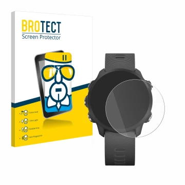 Front side of a product packaging with the brand logo BROTECT. Next to it is the device Garmin Forerunner 245 Music shown with