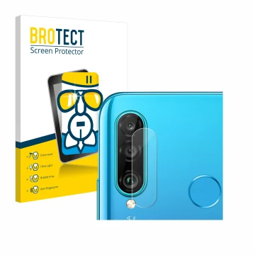 Front side of a product packaging with the brand logo BROTECT. Next to it is the device Huawei P30 lite (ONLY Camera Lens) sho