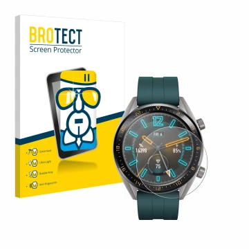 Front side of a product packaging with the brand logo BROTECT. Next to it is the device Huawei Watch GT Active shown with the 