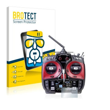 Front side of a product packaging with the brand logo BROTECT. Next to it is the device Graupner mz-24 Pro shown with the corr