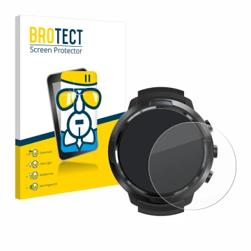 Front side of a product packaging with the brand logo BROTECT. Next to it is the device Suunto D5 shown with the corresponding