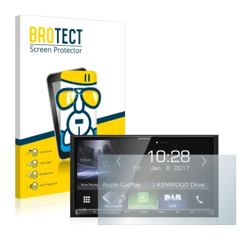 Front side of a product packaging with the brand logo BROTECT. Next to it is the device Kenwood DMX7017DABS shown with the cor