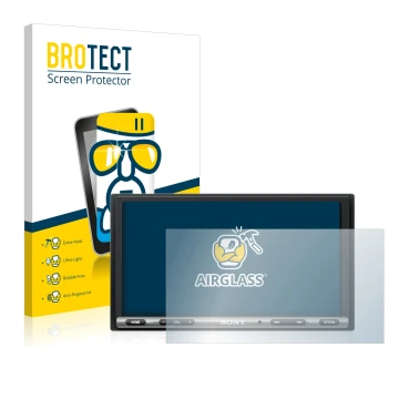 Front side of a product packaging with the brand logo BROTECT. Next to it is the device Sony XAV-AX3005DB shown with the corre