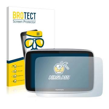 Front side of a product packaging with the brand logo BROTECT. Next to it is the device TomTom GO Premium X shown with the cor