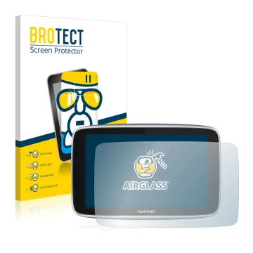 Front side of a product packaging with the brand logo BROTECT. Next to it is the device TomTom GO Premium (5