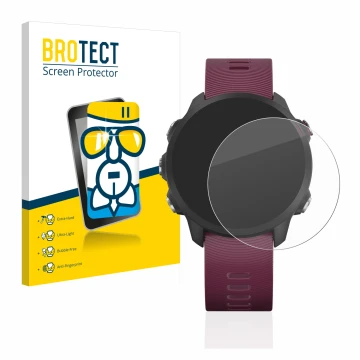 Front side of a product packaging with the brand logo BROTECT. Next to it is the device Garmin Forerunner 245 shown with the c