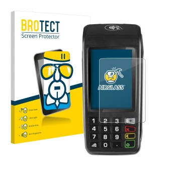 Front side of a product packaging with the brand logo BROTECT. Next to it is the device ingenico Move/5000 shown with the corr