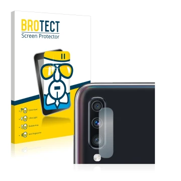 Front side of a product packaging with the brand logo BROTECT. Next to it is the device Samsung Galaxy A70 (ONLY Camera Lens) 